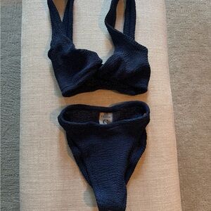 Hunza G Navy shimmery Textured Scoop Bikini Set one size fits all